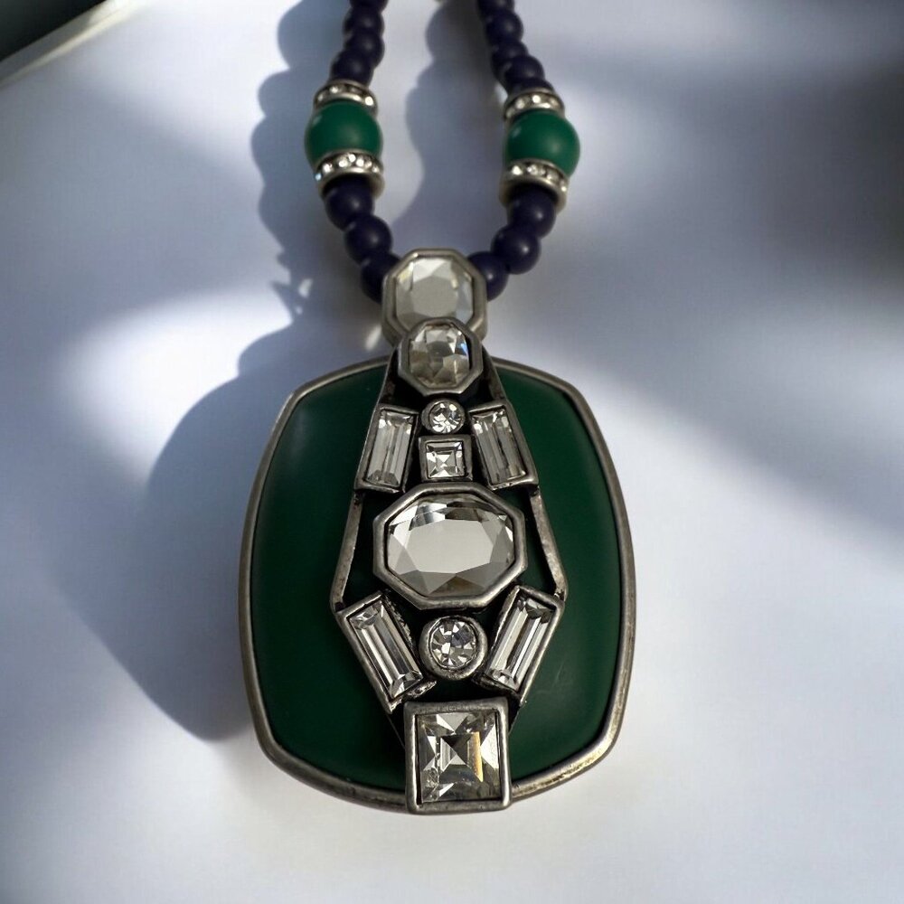 Lia Sophia Retired Art Deco Inspired Necklace Green Crystal Pendant Beaded - Picture 3 of 11